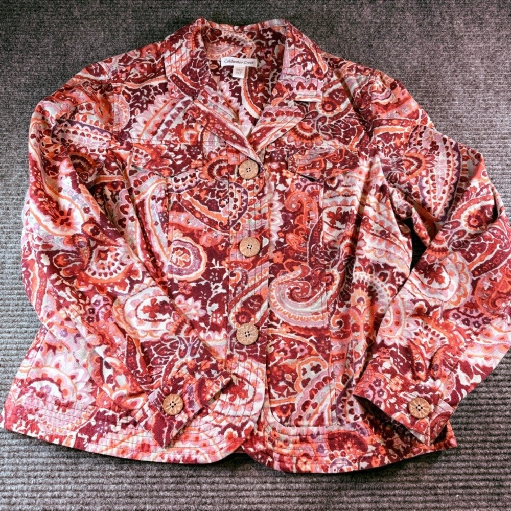 Coldwater‎ Creek Red Paisley Cotton Button Front Jacket Petite 12 P12 Boho